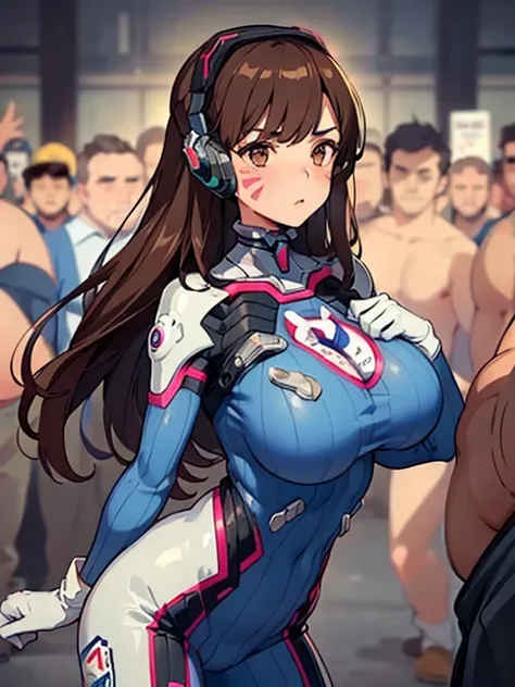 Masterpiece, Best quality, A high resolution, Ahana, Long hair, Brown hair, Earphone, whisker markings, Shoulder pads, blue skinsuit, Ribbed bodysuit, Animal print, Clothes writing, Long sleeves, White gloves, Cyberpunk, huge tit, Plump crotch, Fitness mod...