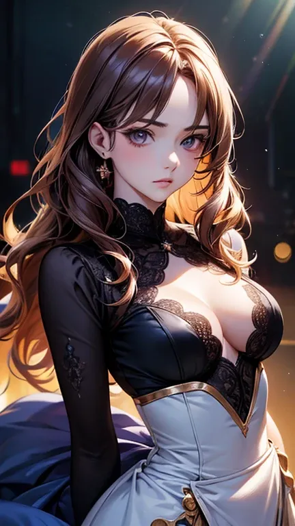 a cool anime 18 years old girl on queen dress, elegant dress, beautiful detailed face, long wavy hair, perfect body ratio, adorable girl, 3:4 body looks, front view, look at the camera, perfect background, (best quality,4k,8k,highres,masterpiece:1.2),ultra...