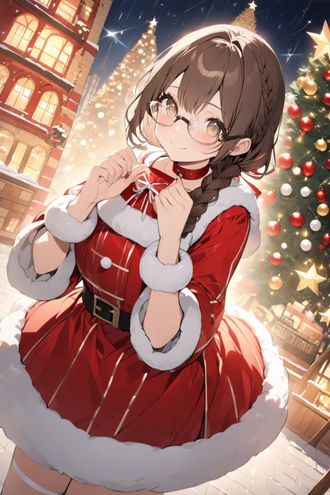 masterpiece, best quality, ultra detailed 8k, fantastic atmosphere, (perfect fingers, perfect hands), (cute girl with one braid), (dark brown hair, (low ponytail, one braid), braid with white ribbon), 17yo, light brown eyes, droopy eyes, glasses, gentle sm...