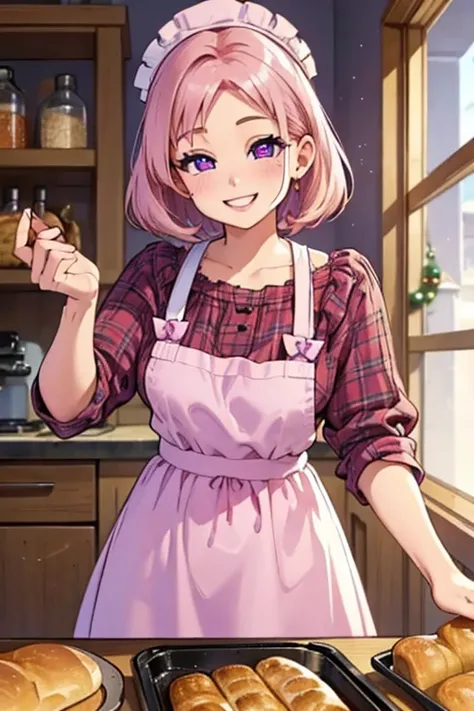 Perfect face. Perfect hands. A petite pink haired woman with violet eyes in a cute holiday dress is baking bread with a big smile