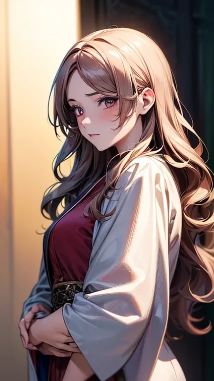 a cool anime 18 years old girl in mythical robe, elegant robe, unique robe, shes a beautiful sorcerer, not blushing,beautiful detailed face, long wavy hair, perfect body ratio, adorable girl, 3:4 body looks, front view, look at the camera, perfect backgrou...