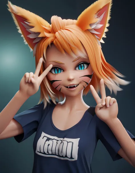 score_9,hooves, score_8_up, score_7_up, Miru,girl,solo,animal ears,fox ears,blue eyes,orange hair,facial mark,animal ear fluff,short hair,whisker markings,slit pupils,small breasts,tattoo,blonde hair,fox girl,bangs,cat ears,long hair,fangs,tail,fox tail,fr...