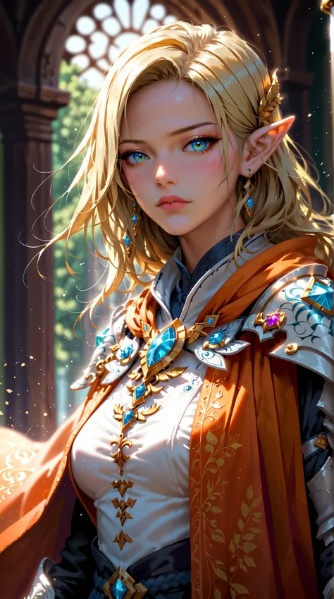 Female Elf, ( masterpiece 1 .5, intensive Details)Clergy, paladin, ( masterpiece 1 .5, intensive Details), Cast spell ( masterpiece 1 .3, intensive Details), wears heavy white armor  ( masterpiece 1 .2, intensive Details),  orange cape with sun symbol, flu...