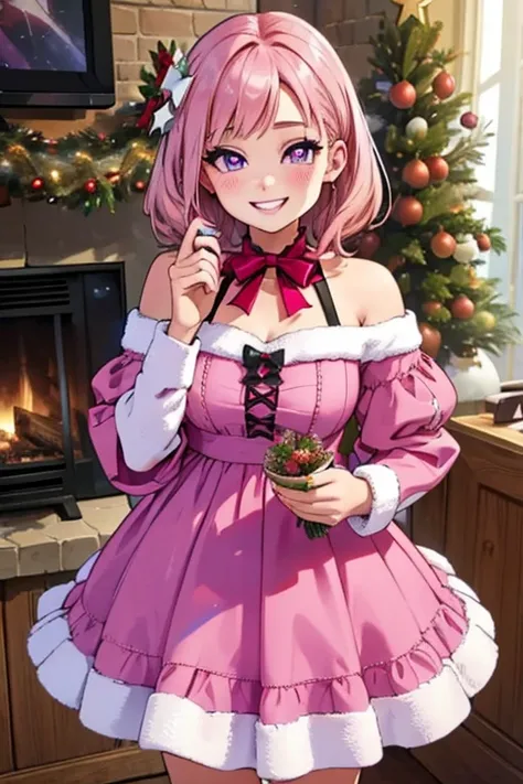 Perfect face. Perfect hands. A petite pink haired woman with violet eyes in a cute holiday dress is arranging Christmas bouquets by the fireplace with a big smile