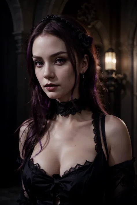 A photo is taken with only her face a beautiful gothic girl, elegant purple dress, flawless pale skin, intense dark eye makeup, lush red lips, delicate facial features, alluring gaze, flowing dark hair, intricate gothic jewelry, ornate victorian aesthetic,...