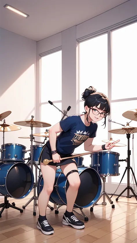 Black hair, glasses, drums, playing drums,