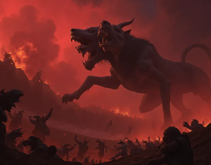 cerberus eating damned souls of sinner. dramatic scene in hell. fire, smoke, fog, flames, devils dancing in background