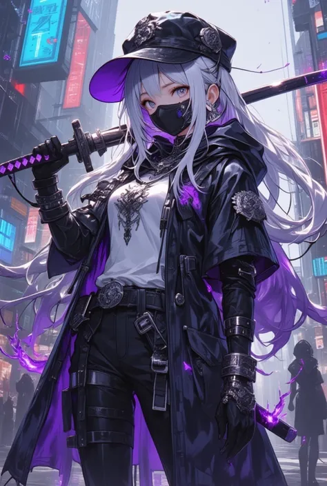 (masterpiece) best quality, perfect face, expressive eyes, (older female, onee-sama, in her 20s), white skin, tall, thin, (long white hair:1.3, very prominent dark purple undertone:1.5, straight bangs, medusa hair, wearing a black hat, wearing a black hood...