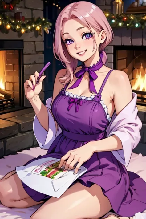 Perfect face. Perfect hands. A petite pink haired woman with violet eyes in a cute holiday dress is wrapping presents by the fireplace with a big smile