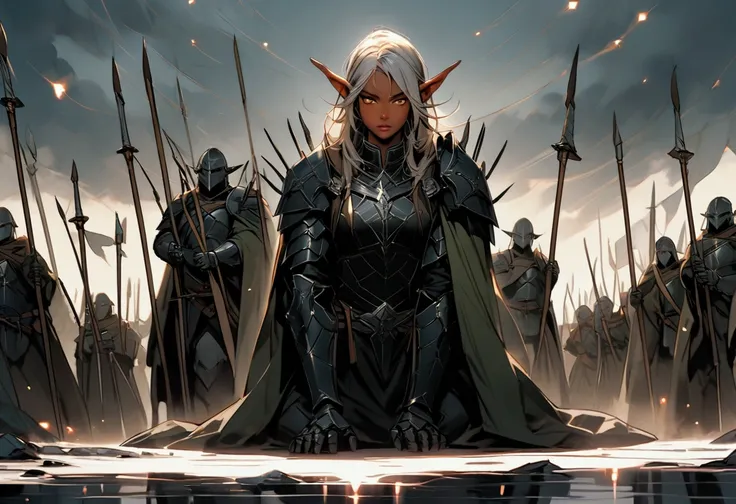 A large number of dark elves with dark skin, prepared for battle. They are clad in dark metal armor, detailed with glowing runes, and wield longbows, swords, and spears. In the background, a series of military tents are set up, with banners waving in the w...