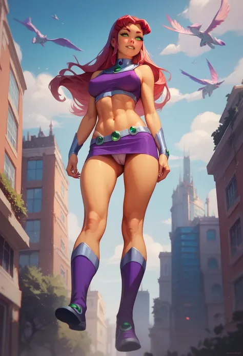 Starfire from teen titans, flying above city, perfect anatomy, masterpiece, perfect quality, short skirt, tight panties, cameltoe