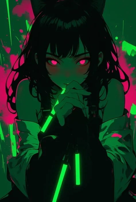 (masterpiece) best quality, perfect face, expressive eyes, (older female, onee-sama, in her 20s), white skin, tall, thin, (fully silhouetted:1.8, shadow art:1.8), (minimalist art style:1.3), (a catgirl posing in the dark, she wears a neon green glowstick, ...