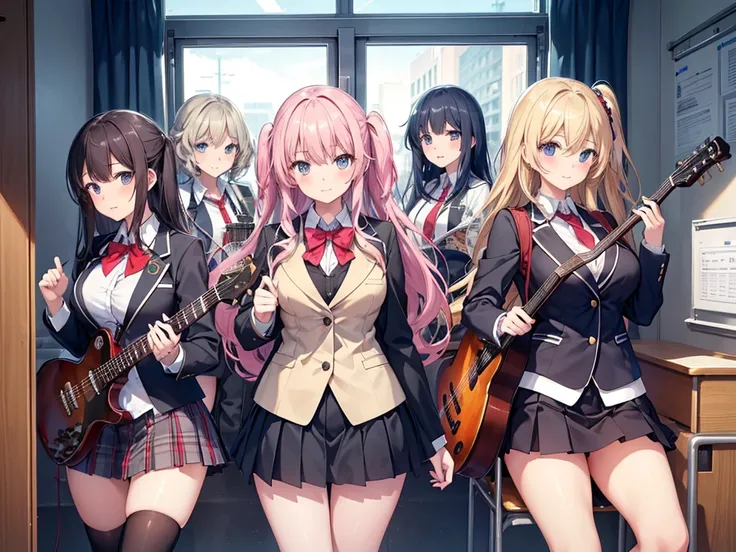 4 high school students ,  high school girls form a band, Blazer and skirt, Cute, Big Breasts, miniskirt, wonderful, Light Music Club,  in the classroom after school with a chara man, Drums and vocals 、bus,  high image quality, masterpiece,  Top quality ana...