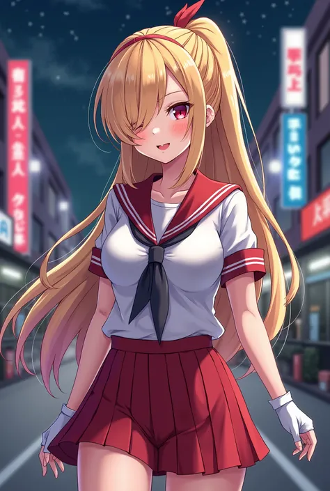 Anime art concept, anime, girl, long side bang covering left eye, blond long flowing ponytail, red highlights on hair, lots of red stripes on hair,  Y2K Revival outfit, curvy girl, thick eyelashes, Blusa baby tee, ultra detailed face, red lips, idol, 22 ye...