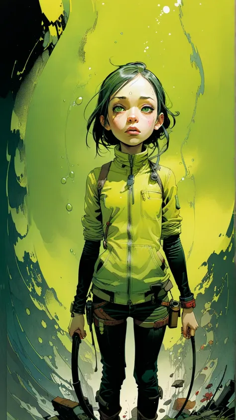 by Jean-Baptiste Monge and Tomer Hanuka, Chartreuse 78, wide angle, hyper detailed, comic book cover art, bold lines, expressive drawing, American female
