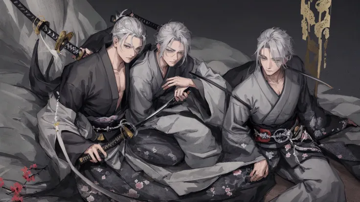 (( top quality)), (( masterpiece fails)), ( in detail), Samurai man with grey hair, with grey eyes,  in a dark gray kimono lies on his right side, supporting his head with his right hand, is resting,  with his left hand holds a katana attached to his belt ...