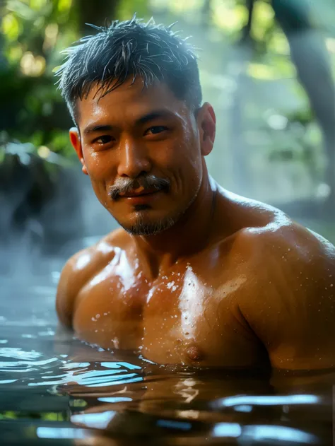 A stocky handsome muscular asian (japanese) man, light tan skins, grey hair, thick grey moustache, hairy chest, pink pierced nipples, naked, no beards, no goatee, exposed chest, exposed belly, exposed legs, sitting in a hot water shallow pool in the middle...