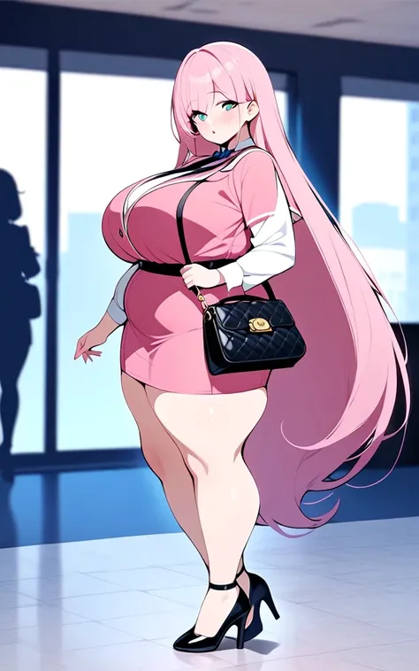 Pink ナース服　pink hair very long hair,  Big Breasts ,  plump thighs 　Shoulder bag　 High heels  ナース