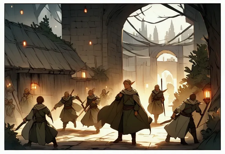 The group enters enemy territory, moving cautiously and avoiding patrols of the Alba Elves. They manage to approach the village where Lucas is being held prisoner and, using their talents and skills, infiltrate it unnoticed.