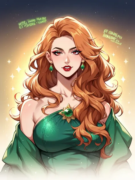 Masterpiece, upper body portrait, score_9, score_8_up, score_7_up,source_anime, Intellectual Cool Beauty, Long hair, curly orange Hair, poised Face, Compensating, piercing red Eyes, Large Piece, Green royal ball gown Bear Dress, parsed red lips, fluttering...