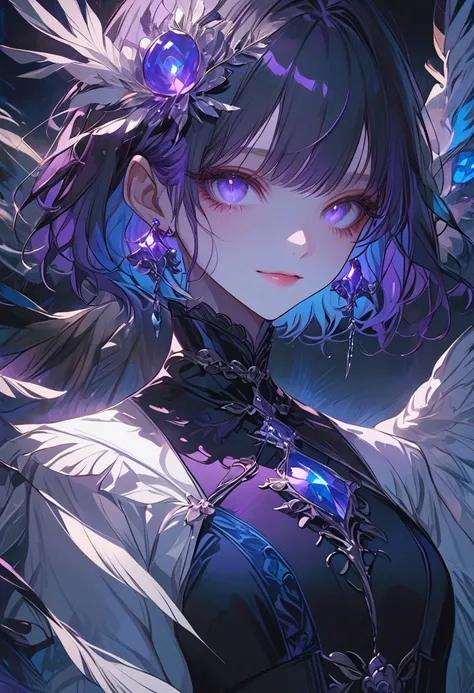  One Girl 、 short hair、Black Hair、Purple,青色dip-dye hair、Purpleの瞳、smile、 Soft Atmosphere 、purple crystal、blue crystal、Light、Feather、front