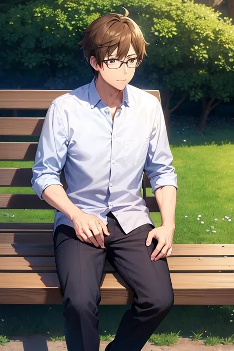  An adult man wearing glasses is sitting on a bench,Anime drawn by Makoto Shinkai, beautiful animated scene ,Your name is a beautiful rural landscape ,