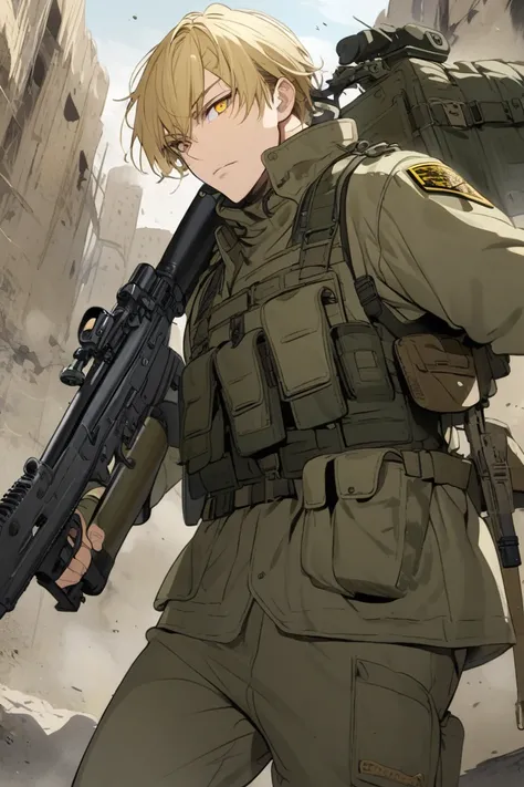 blond hairs, man, short hair, golden eyes, military, army outfit, gun,

