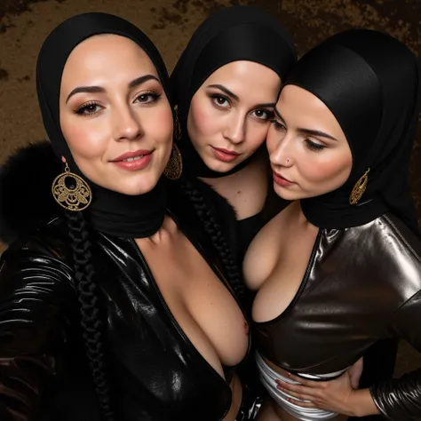  lesbians³ with shiny mirroring patent leather hijab , black fur, Glasses,  gold metallic shiny liquid satin blouse with black latex bib businesssuit,  when intertwining with her girlfriend , high waistband , sexy bust ,  braided leather hijab made of glos...