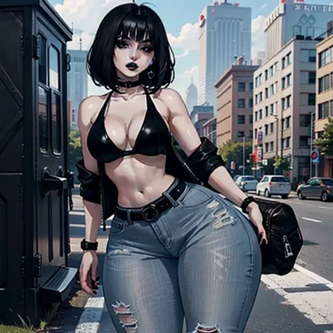 Goth girl, short messy black hair with bangs, white pale skin, black make-up, round sunglasses, earrings, medium breasts, bra, tank top, skinny figure, waist, thighs, sling bikini, black tight jeans, black leather jacket, belt on jeans, boots