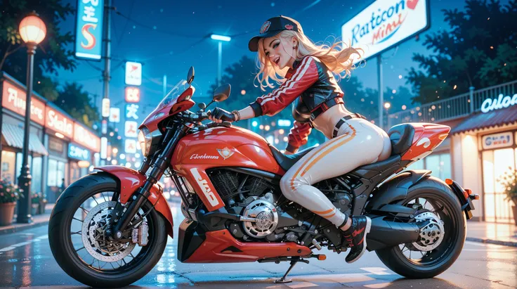 girl in a motorbike suit riding at night