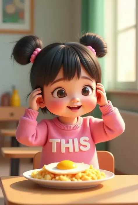  A very cute and adorable   sits at the breakfast table .  Her hair is tied into two buns small above his head ,  with neat bangs that add to its charm .  The fibers of her hair look as clear as silk ,  reflects tenderness and cheerfulness . Her cheeks are...