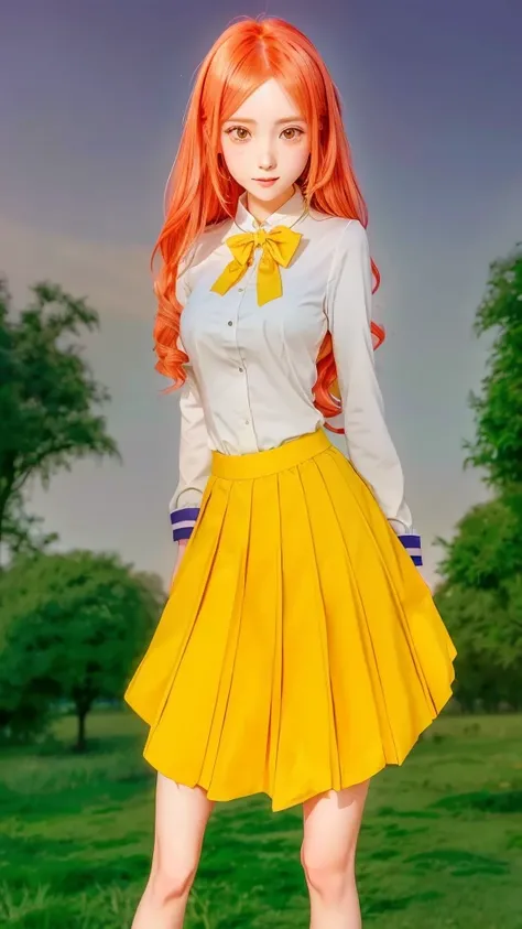 anime girl in yellow skirt and white shirt standing in a field, my dress up darling anime, magic school uniform, magical school student uniform, :14 80s anime style, inspired by Nishikawa Sukenobu, erza scarlet as a real person, inspired by Tsubasa Nakai, ...