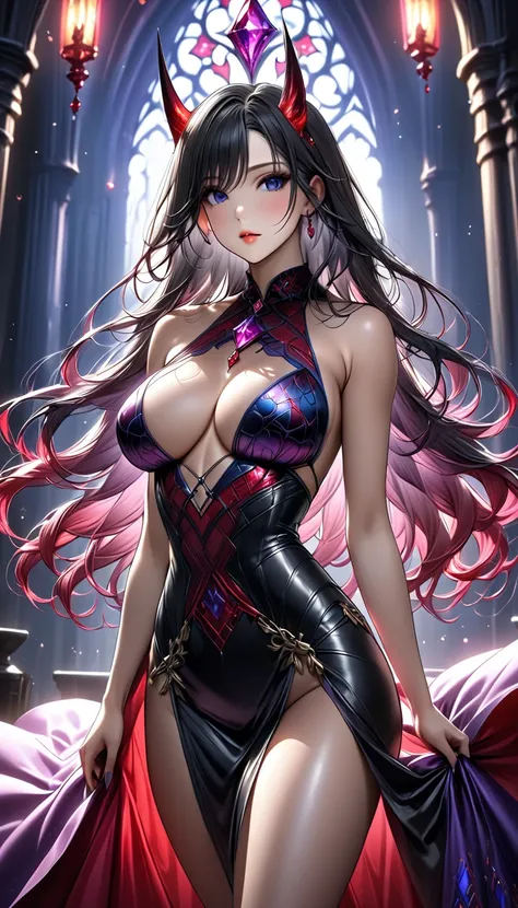 nsfw「Deep purple、shining blue、 wrapped in fantastic and otherworldly colors such as bright red 、 A dark fantasy world with a grand and exquisitely designed Devils Castle in the background 。In front of you、 A dark heroine is standing so beautiful that you w...