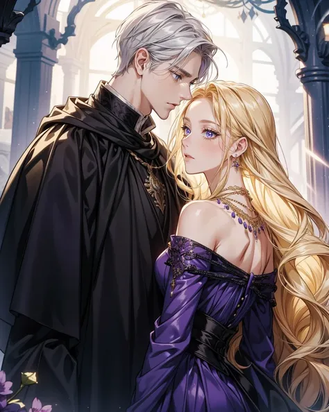 Couple two people with different color hair: women intense golden hair and man white hair, they both think they are rivals but they love each other, it is important that she has blonde hair and he has silver hair ((masterpiece+Best Quality+ultra detailed+8...