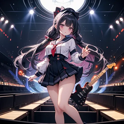  Camera angle with full body visible ,  a girl playing an electric guitar, a stage where you can see the universe ,A stage where you can see many planets , highly revealing sailor suit, miniskirt,Various hairstyles and hair colors,Big Breasts,Angle of view...