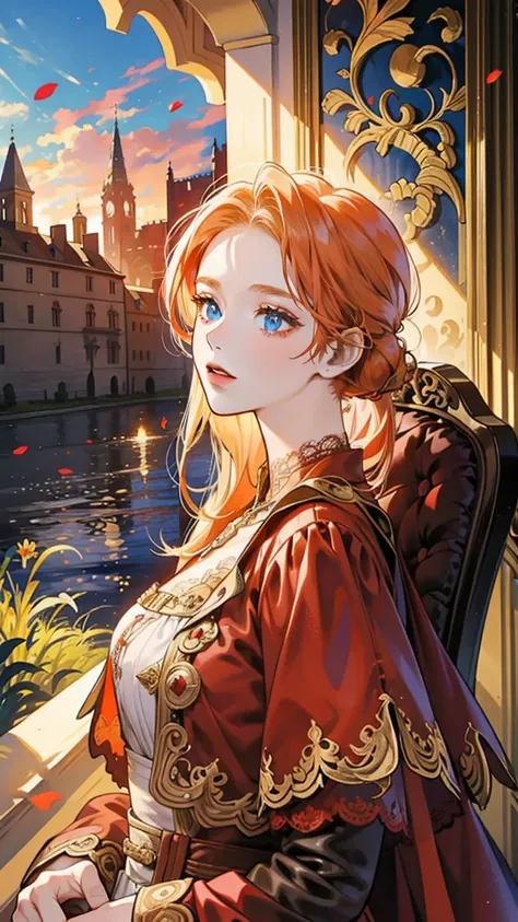 Orange and red hair bangs covering forehead, 1 woman, amber eyes, elegant dress, lace. And 1 man, blue eyes, tall, elegant imperial prince costume, blonde hair, palace background, red lily garden background, backlight, cinematic texture, changes in light a...