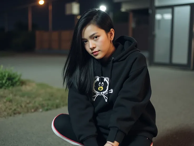 A young thai woman poses outside, and confidence. She is on the bike, sexy full body,intricate cartoon patterns but no bra. . Her long black hair flows over introspective expression, creating a relaxed yet graceful pose. The background is softly lit, with ...