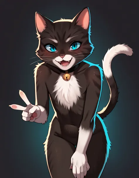 score_9, score_8_up, score_7_up,  source_anime, anime, flat, cartoon, 2d, by nilsunna,
BREAK
ksp, black anthro female cat, cat nose, cat ears, two tone fur, cat tail, BREAK
solo, standing, cowboy shot, thick thighs, arched back, leaning forward, smile, hap...