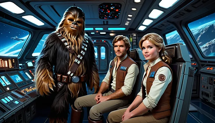  Star Wars Interior Theme of a spaceship ,  probably from a science fiction movie .  Two human characters ,  a man and a Chewbacca ,  are seated on the seats of a cabin . The man Han Solo ,  possibly of Caucasian origin and adult appearance ,  wears a dark...