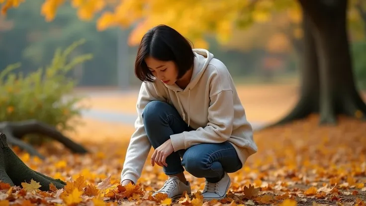  A beautiful Korean woman in her 50s .  Beautiful autumn scenery picking up fallen leaves. Maple leaves. Portrait of bending down and looking at fallen leaves.  Short Mid-length Hair . I was wearing sneakers. 노란 은행잎과 Maple leaves이 수북이 떨어져 있습니다.
Clear task ...