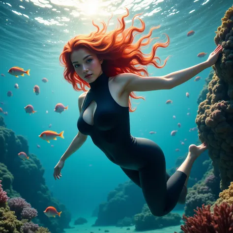 Beautiful red-haired model big breasts effortlessly glides through the crystal-clear waters, her vibrant hair flowing gracefully around her as she explores the underwater world. She’s dressed in a sleek, form-fitting black scuba suit, designed for both sty...