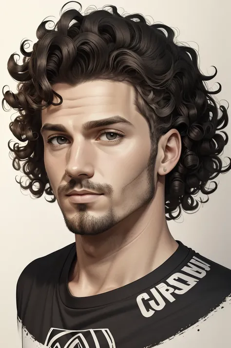 A head of guy with curly hair, mural illustration style, grafiti tag, urban atmosphere. Graphic for t-shirt design, vector, outline, black background, watercolor.