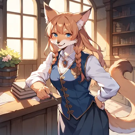 score_9, score_8_up, score_7_up, score_6_up, score_5_up, score_4_up, hires, masterpiece, Medieval, Adventurers Guild reception, 1girl, kemono, guild_receptionist, looking_at_viewer, animal_ears, animal_tail, furry_female, professional_attire, business_smil...