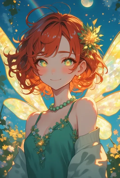 (masterpiece) best quality, perfect face, expressive eyes, female, white skin, tall, thin, (short red hair:1.3, slightly curly hair), thin eyebrows, green eyes, glowing yellow iris, iridescent fairy wings, very happy, sea green pearl necklace, small breast...