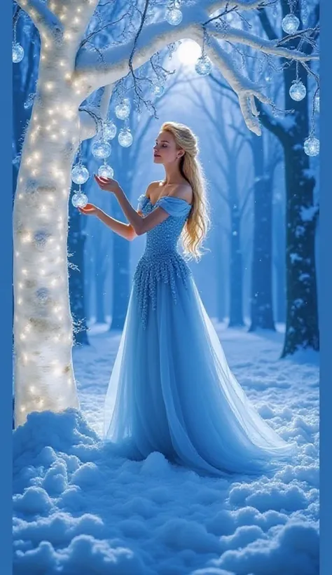 A beautiful slim and tall blonde princess in a deep blue dress collects glass apples from a snowy thin tree made of clear chrystal in a magical forest in the deep blue darkest winter night under the full moon. Dark huge castle is on a distant view. Change ...