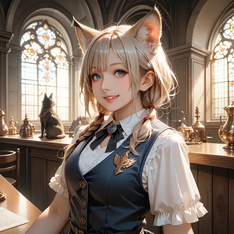 score_9, score_8_up, score_7_up, score_6_up, score_5_up, score_4_up, hires, masterpiece, Medieval, Adventurers Guild reception, 1girl, kemono, guild_receptionist, looking_at_viewer, animal_ears, animal_tail, furry_female, professional_attire, business_smil...