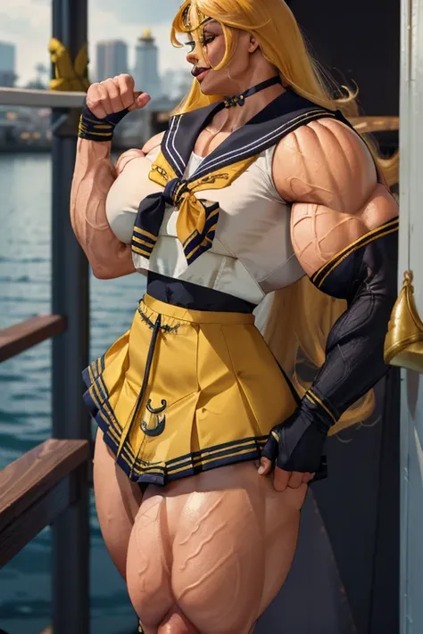 ((Close-up)), tall, (yellow hair) beautiful muscular latino woman, long hair, brown skinned, (smirking), large breast, (black lipstick), (massive muscles), (hyper muscle), ((ginormous bulky muscles)), gray eyes, (((((sailor suit with skirt))))), (fingerles...