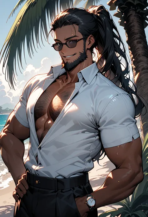 male, solo, close up, medium shot, looking at viewer, black hair, black eyes, smile, beach, tan, white shirt, white button shirt, outdoors, palm tree, very tall male, very broad shoulders, open collar, muscular, tight waist, long luxurious hair, gold chain...