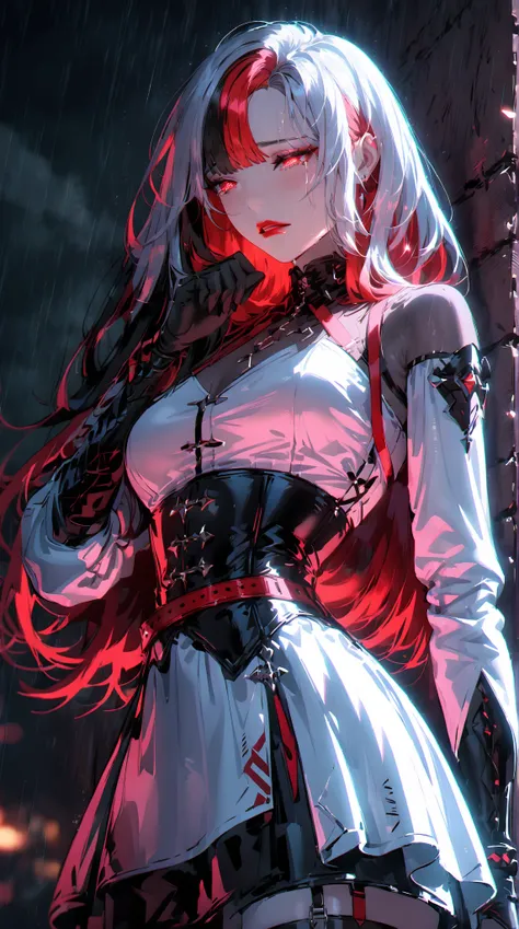  1 girl, Red Eyes, two-tone hair:1.3,  medium length hair , Red lips,  black pencil skirt , half-closed eyes, Cry, Collect belts ,  thigh-deep stockings, corset,  white dress,  sheer sleeves , pale skin, dramatic lighting, soft shadow,  masterpiece,  best ...