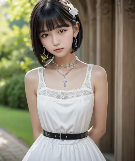 10yo,  very cute girl,  ,  black hair,  short bob from behind,  Big Ribbon Hair Ornament ,  Trimmed hair ,  shiny hair with makeup,  smooth hair like thread ,  expressive hair , Natural Bangs,  very white skin ,  very beautiful skin ,  Slender Eyes,  eyebr...